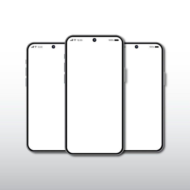 Vector tres teléfonos samsung blancos con uno mostrando el otro con el otro mostrando la pantalla