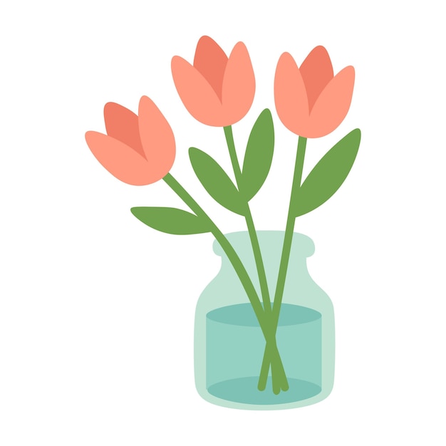 Tres tulipanes rosados en un jarrón de vidrio Ilustración de primavera de dibujos animados plana en estilo pastel suave