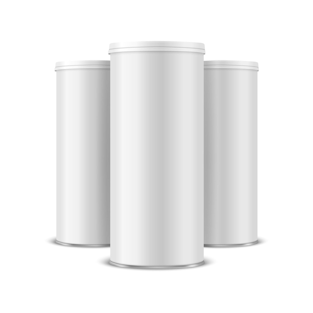 Tres vectores 3d realista en blanco blanco negro lata de metal con tapa comida enlatada papas fritas conjunto de empaque aislado sobre fondo blanco plantilla de diseño de tamaño pequeño maqueta vista frontal