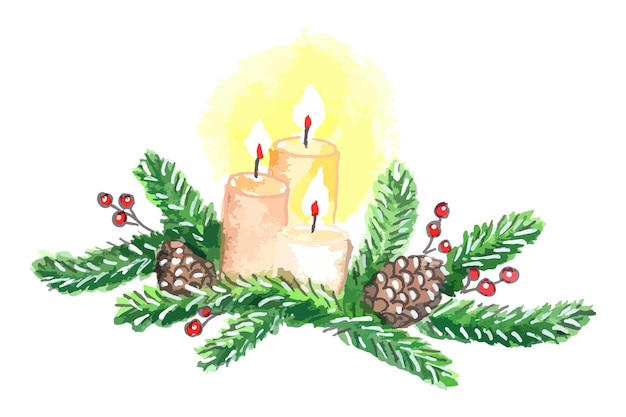 Vector tres velas de cera encendidas decoradas con rama de abeto y cono de abeto