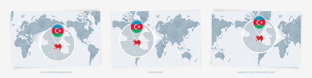 Vector tres versiones del mapa del mundo con el mapa agrandado de azerbaiyán con bandera