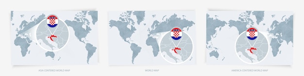 Tres versiones del mapa del mundo con el mapa agrandado de croacia con bandera