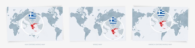 Tres versiones del mapa del mundo con el mapa agrandado de grecia con bandera