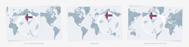 Vector tres versiones del mapa del mundo con el mapa agrandado de las islas feroe con bandera