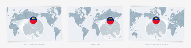 Tres versiones del mapa del mundo con el mapa agrandado de liechtenstein con bandera