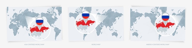 Tres versiones del Mapa del Mundo con el mapa agrandado de Rusia con la bandera