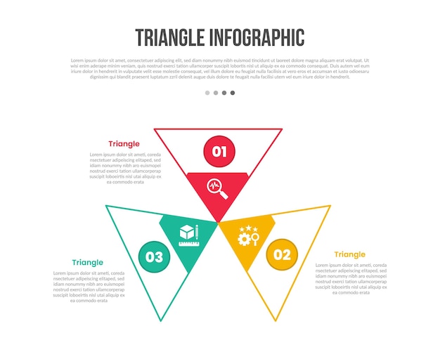 triangle base shape infographics template diagram with centered direction with circle and edge slice part with 3 point step creative simple flat outline