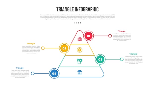 triangle base shape infographics template diagram with pyramid triangle with circle left and right with line pointer with 4 point step creative simple flat outline