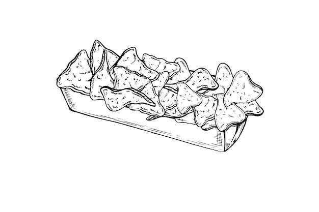 triangle corn nachos chips in rectangle disposable cardboard tray vector line art black ink sketch monochrome hand drawn crunchy snack in paper package fast food illustration for menu design