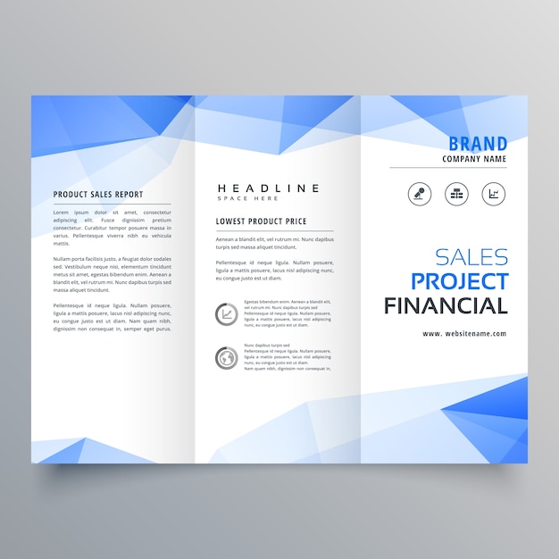 triángulo azul forma trifold plantilla de diseño folleto