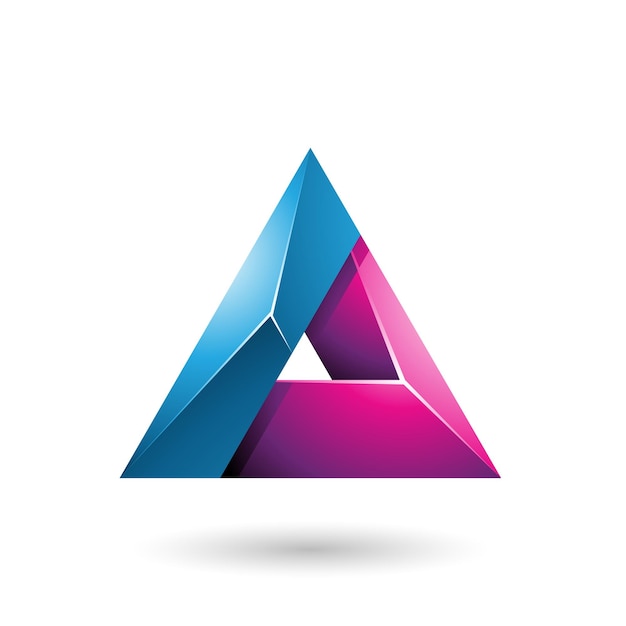 Triángulo brillante 3d azul y magenta con una ilustración de vector de agujero