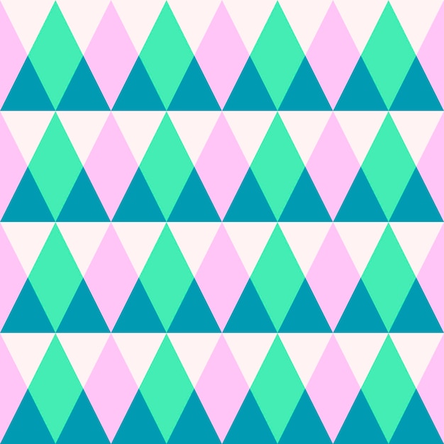 Triángulo de patrones sin fisuras con triángulos cruzados verdes, rosas y azules en beige. geométrico triangular