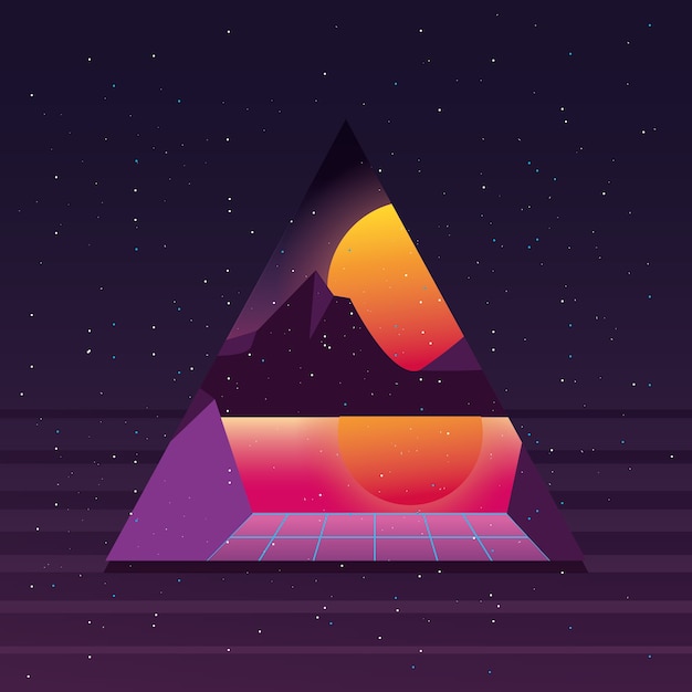 Triángulo pirámide futurista con Retro Wave puesta de sol Estilo de fondo