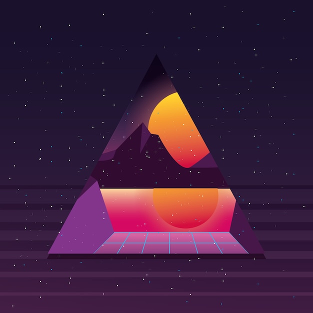 Vector triángulo pirámide futurista con retro wave puesta de sol estilo de fondo