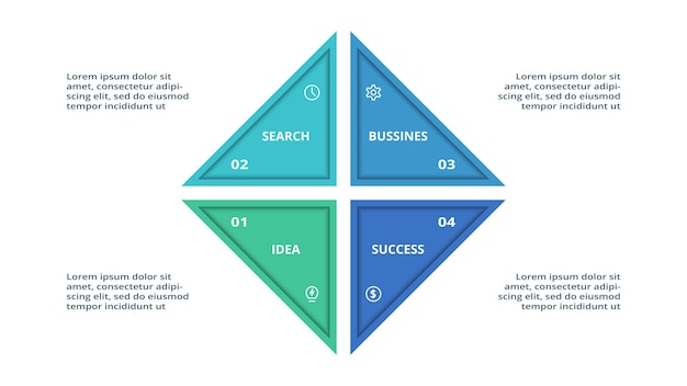 Triángulo con plantilla infográfica de 4 elementos para presentaciones de negocios web ilustración vectorial Visualización de datos comerciales