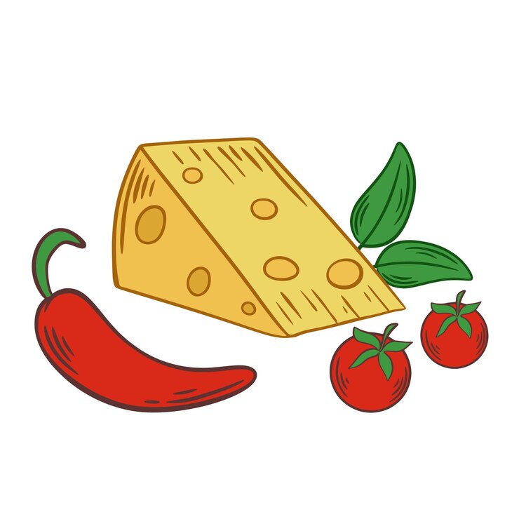 Triángulo de queso con agujeros servido con tomates cereza, pimienta y ramita de albahaca