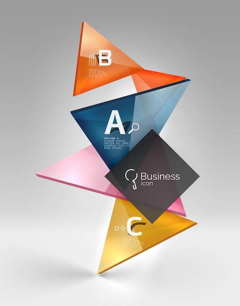 Triángulo de vidrio brillante colorido en el espacio 3d vacío Fondo de plantilla vectorial para opciones de número de diagrama de diseño de flujo de trabajo o diseño web