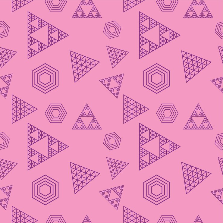 Vector triángulos de contorno abstracto y ornamento de forma hexagonal plantilla de diseño de patrones sin fisuras geométricas retro tema de color violeta púrpura rosa