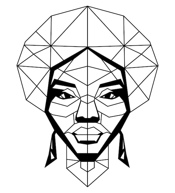 Tribal Africana línea simple abstracto Retrato simétrico Geométrico Estilo cúbico bajo poli dibujo