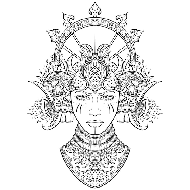 Tribal Fusion Boho Goddess Hermosa diva divina con corona adornada kokoshnik inspirada Diosa bohemia Ilustración elegante dibujada a mano Flor de loto arte étnico estampado Paisley indio