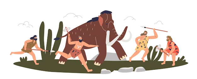 La tribu prehistórica de la edad de piedra ataca a un mamut. cazadores de hombres de las cavernas con lanzas y hachas a la caza de animales enormes juntos. pelea de cazadores de dibujos animados. ilustración vectorial plana