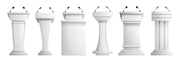 Tribunas blancas de diferentes formas con micrófonos para conferencias de debate político o conferencias realistas conjunto aislado ilustración vectorial