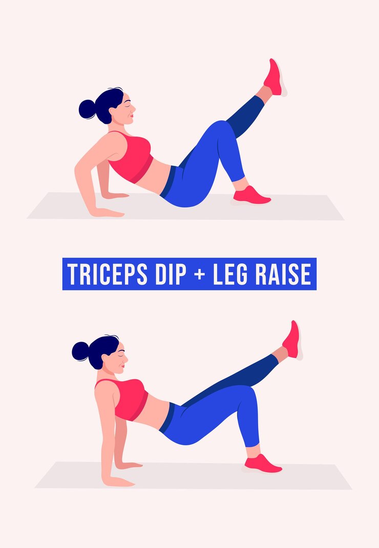 Vector tríceps inmersión de piernas ejercicio de elevación ejercicio de mujer fitness aeróbico y ejercicios