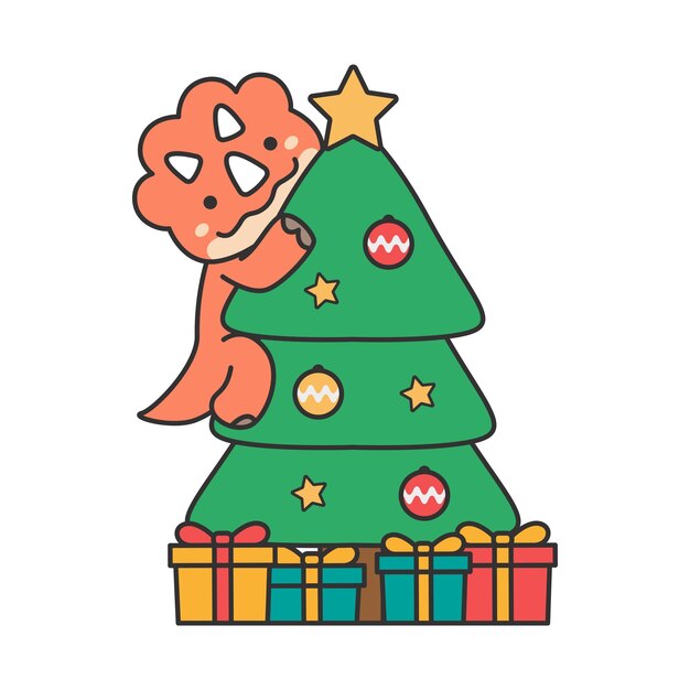 triceratops y árbol de Navidad con regalos Ilustración vectorial en estilo doodle