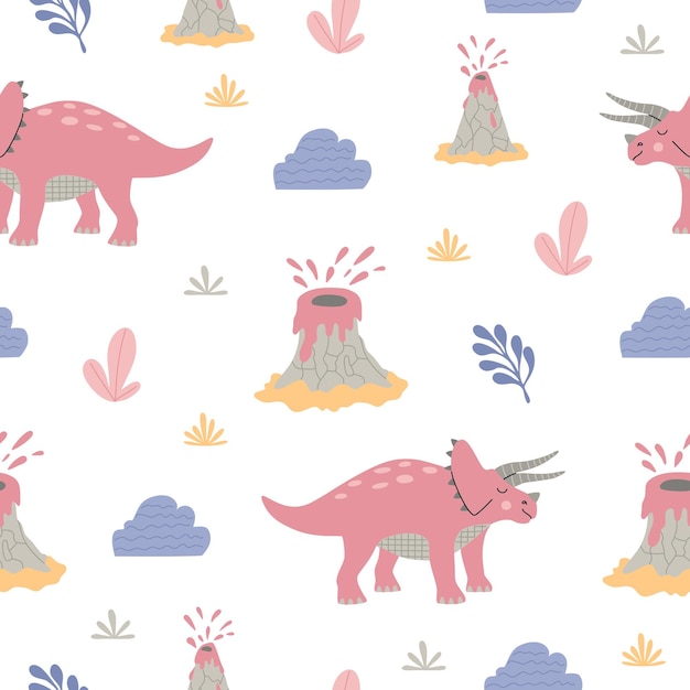 Triceratops de dinosaurio de dibujos animados entre nubes de plantas tropicales y un patrón sin fisuras de volcán en erupción