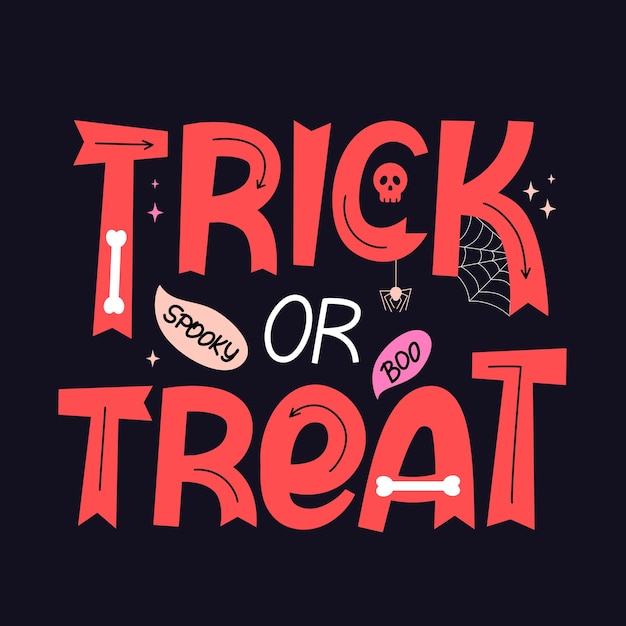 Trick or treat carta de Halloween con letras vectoriales dibujadas a mano con estrellas de cráneo y araña