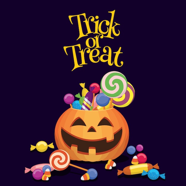 Vector trick or treat cesta de calabaza llena de caramelos