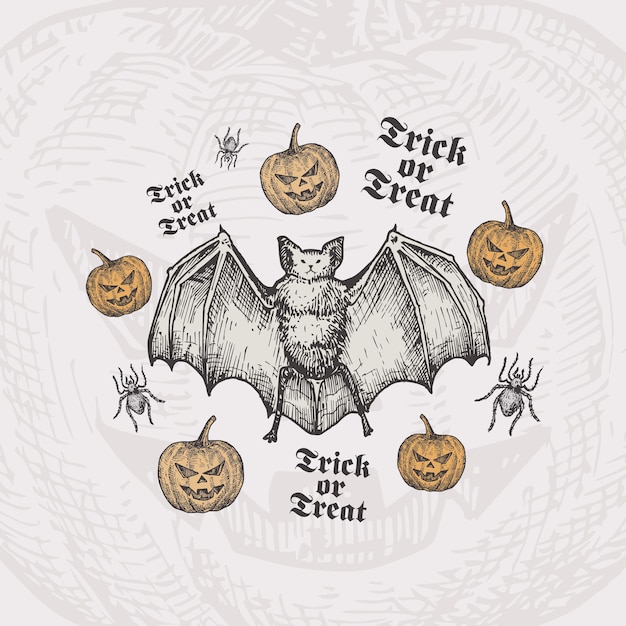 Trick or treat fondo vectorial de halloween o plantilla de tarjeta murciélago y calabazas dibujados a mano con boceto de araña y composición decorativa navideña de tipografía vintage