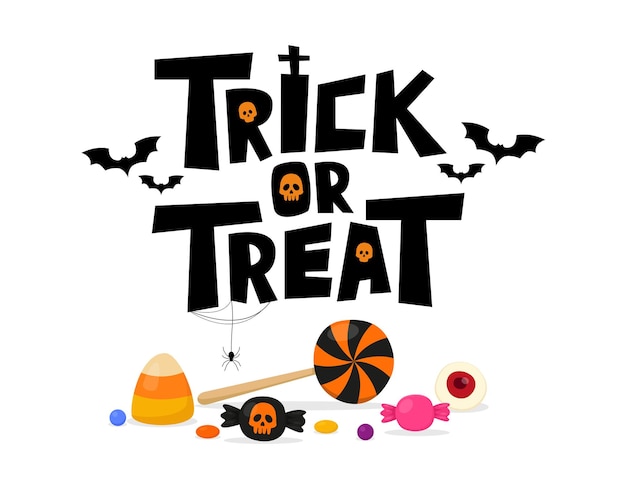 Trick or treat texto vectorial con dulces. ilustración de halloween aislado sobre fondo blanco.