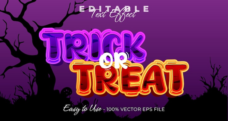 Vector trick or treat tipografía 3d halloween efecto de texto editable