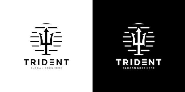 Tridente creativo Logo Neptuno Tridente Poseidón Mar Ola Océano con estilo de contorno lineal EPS 10