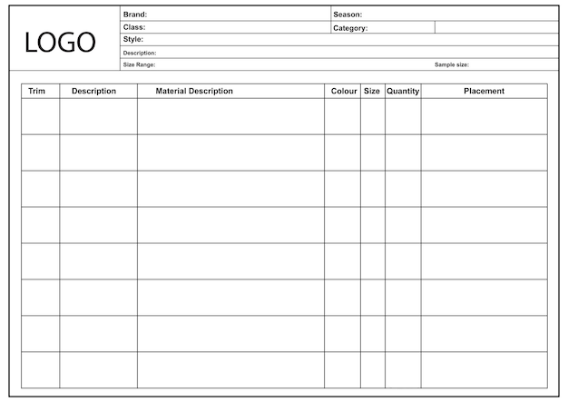 Trims Card Layout Template Garment Techpack (Paquete técnico de prendas de vestir)
