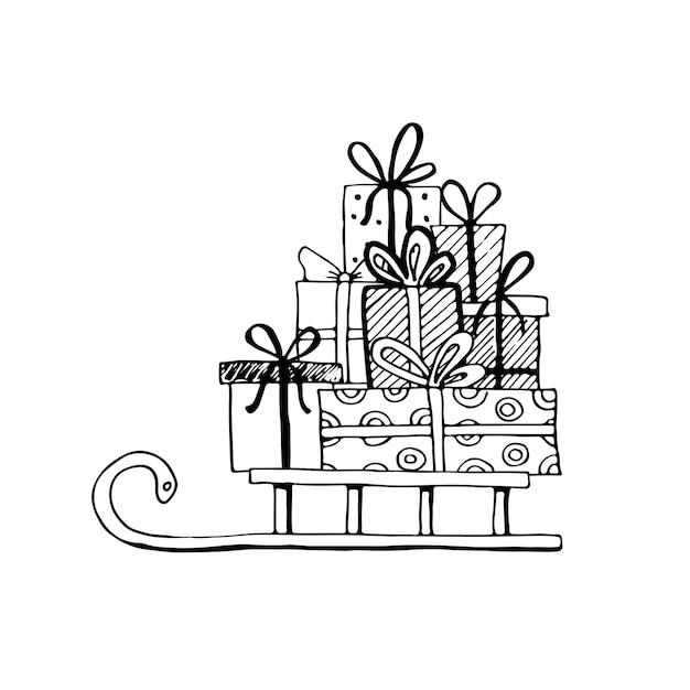 Trineo dibujado a mano con regalo y presente con diferentes formas. Corte la ilustración vectorial aislada para su navidad, diseño de banner de cumpleaños. Estilo de dibujo Doodle. Elementos de caja de regalo dibujados con pincel.