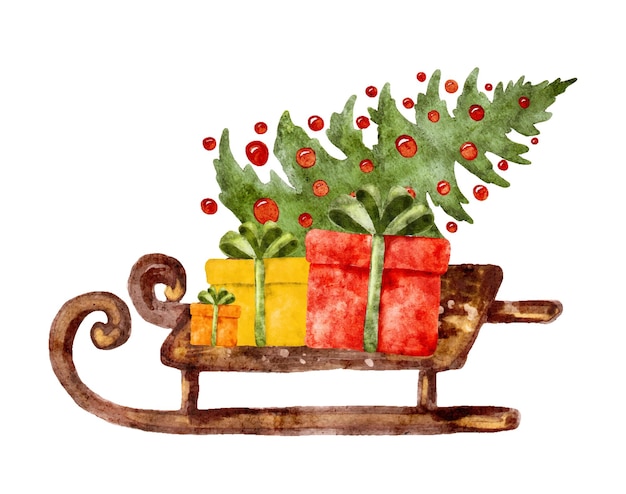 Trineo de madera acuarela con árbol de Navidad y regalos envueltos durante la temporada festiva