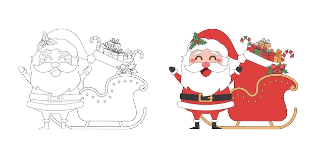 El trineo de Papá Noel con bolsa de regalos de Navidad La línea temática de la Navidad Arte doodle Ilustración de dibujos animados Feliz Navidad