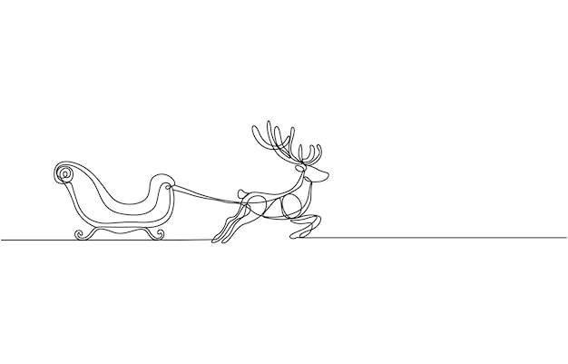 El trineo de Papá Noel con renos de Navidad en el arnés arte de una línea dibujo de línea continua del año nuevo