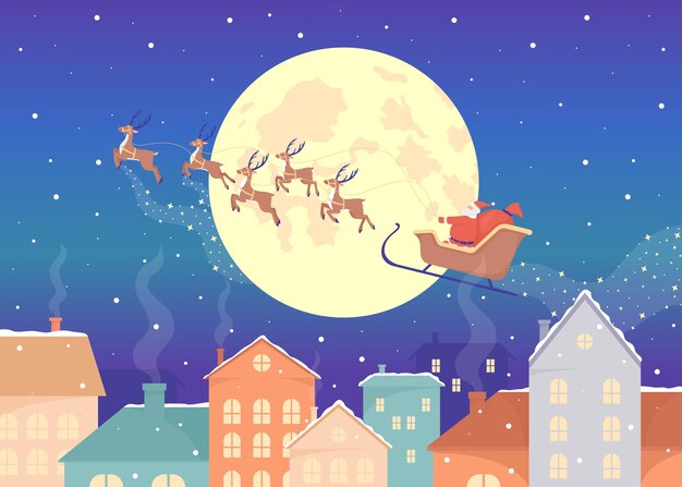 Trineo de Papá Noel y renos volando sobre la ilustración de vector de color plano de la ciudad