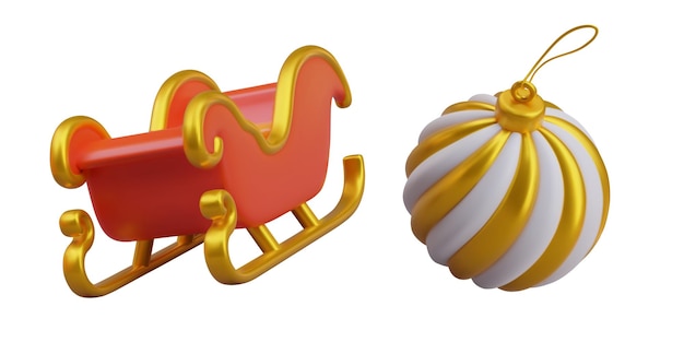 El trineo rojo de Papá Noel y el juguete redondo del árbol de Navidad Decoraciones de invierno coloridas