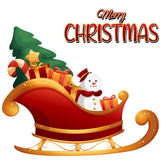 Trineo de santa claus de dibujos animados con regalos y letras feliz navidad sobre fondo transparente