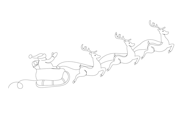 trineo con santa y renos dibujo de línea continua en vector de fondo blanco
