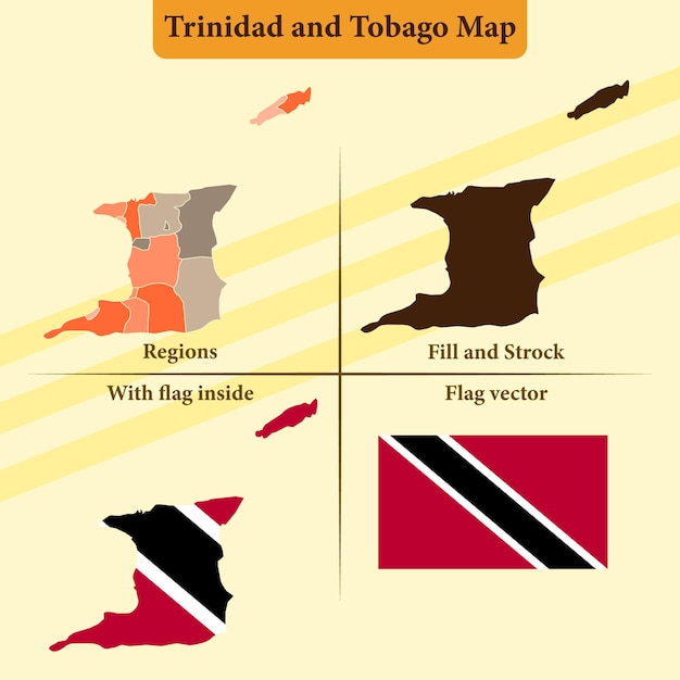 Y Trinidad y Tobago mapa vectorial estados y líneas llenas de bandera