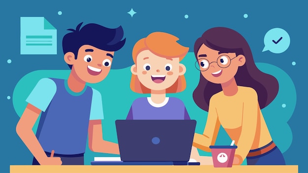 Un trío de adolescentes colaboran en un proyecto de animación digital preparándose con entusiasmo para presentarlo en un
