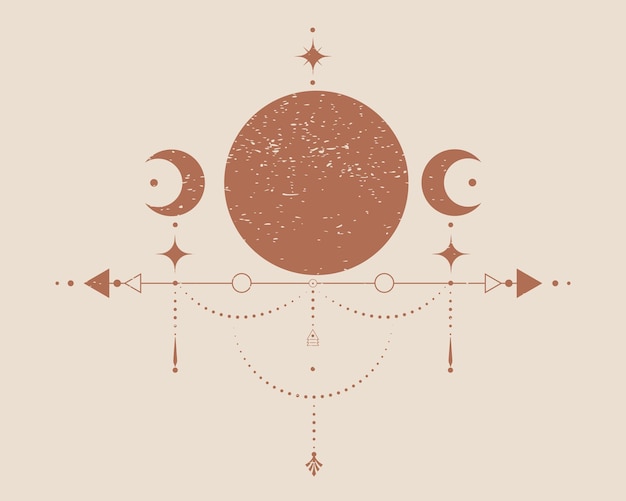 Triple Luna, Geometría Sagrada, flechas místicas, luna creciente, líneas punteadas en estilo boho, wiccan