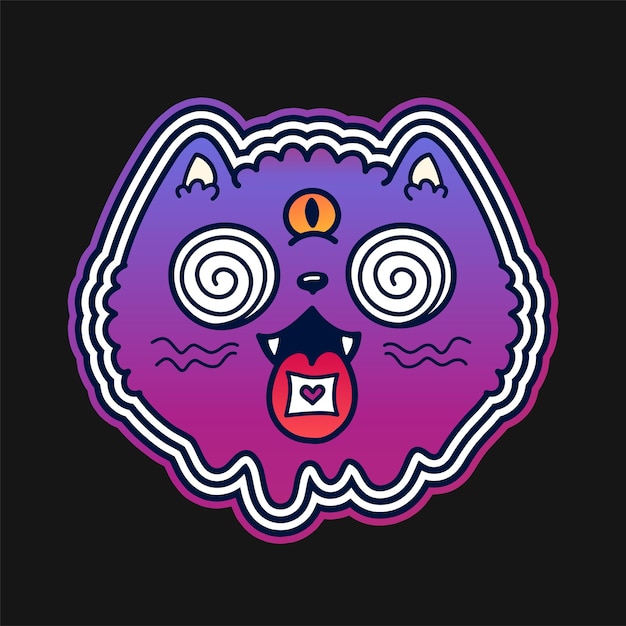 Trippy cat con marca de ácido lsd en el diseño de la impresión de la camiseta de la lengua. Ilustración de personaje de dibujos animados de logo dibujado a mano de vector. Trippy cat, psychedelic kittie, lsdprint para camiseta, póster, pegatina, concepto de logotipo