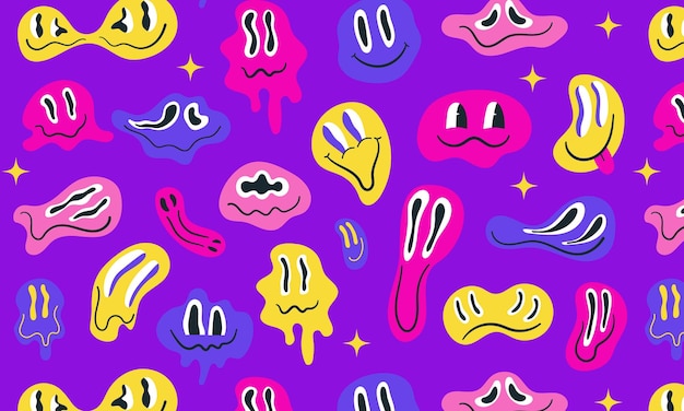 Trippy derritiéndose y goteando sonrisas de patrones sin fisuras en estilo y2kCaras divertidas de emoticonos irreales