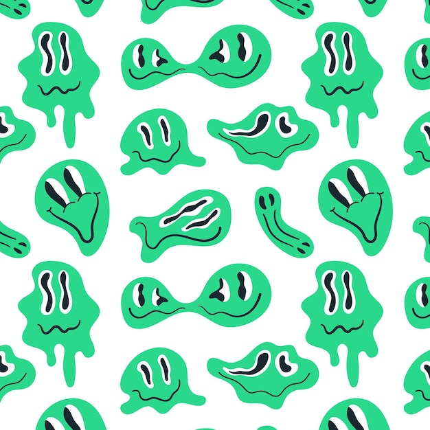 Trippy fusión distorsionada neón verde sonrisas de patrones sin fisuras Divertidos emoticonos ácidos irreales caras